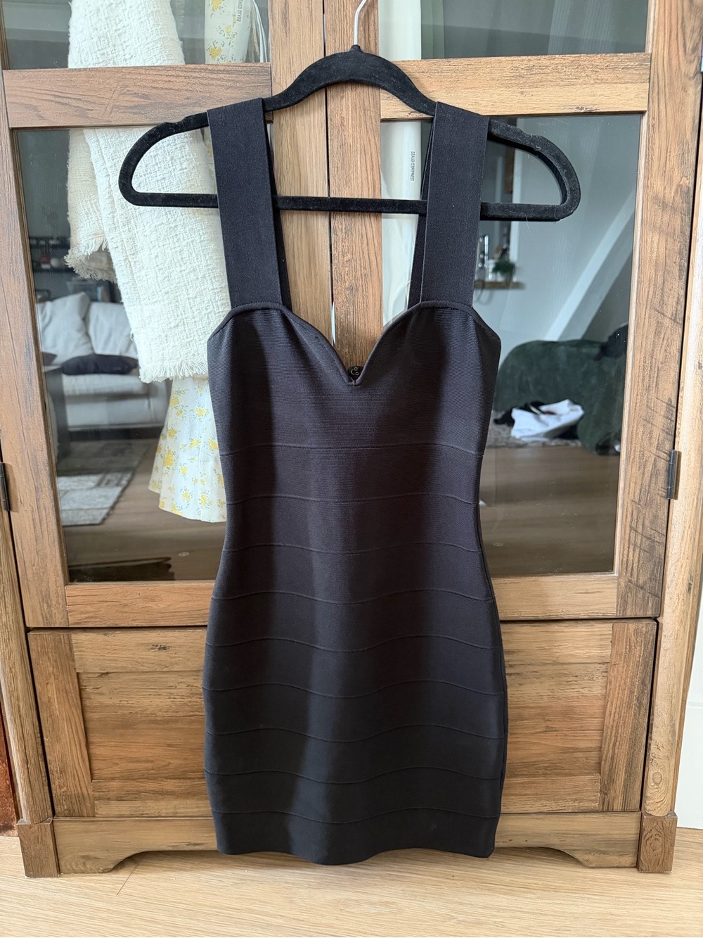 Herve Leger Black Square-Strap Bandage Mini Dress